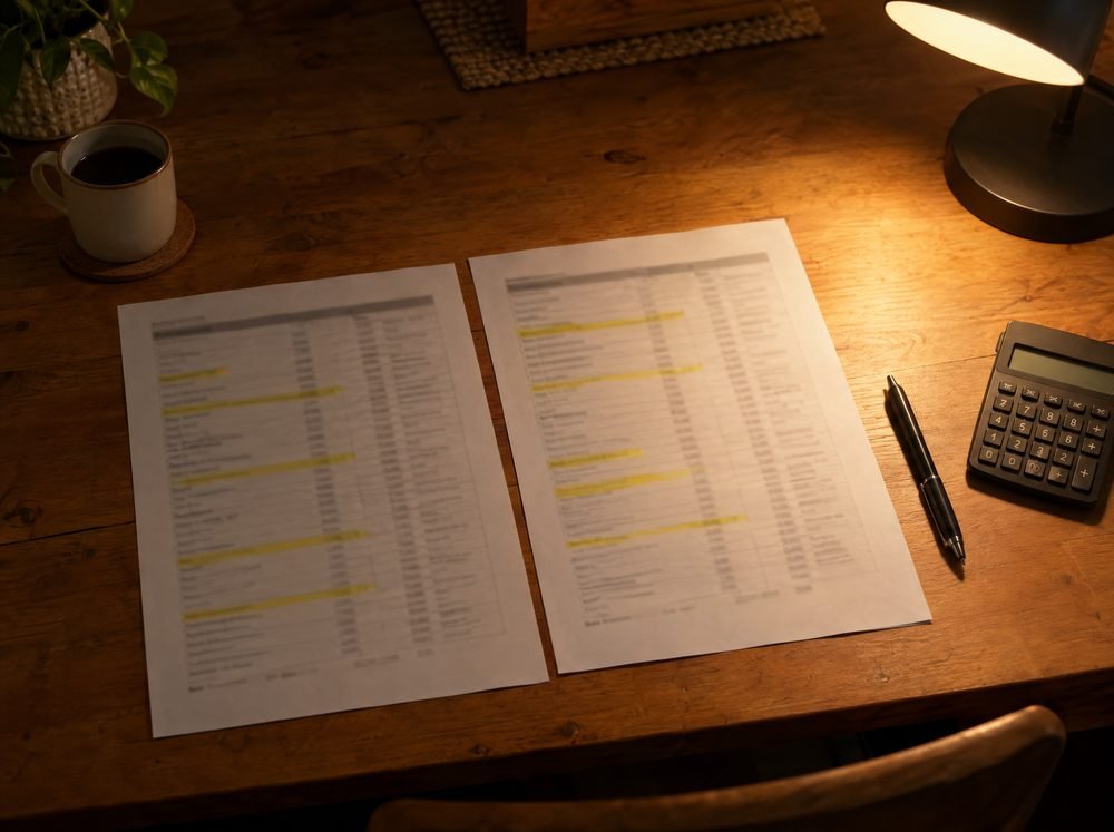 Two printed specification sheets side by side with highlighted rows
