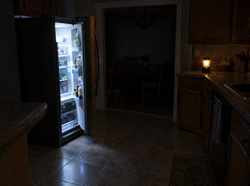 A dark kitchen during a power outage, lit by an open refrigerator and a lantern
