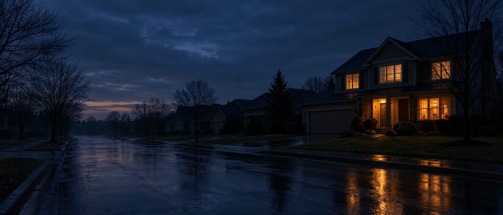 A suburban street at dusk during a power outage, with one house still lit