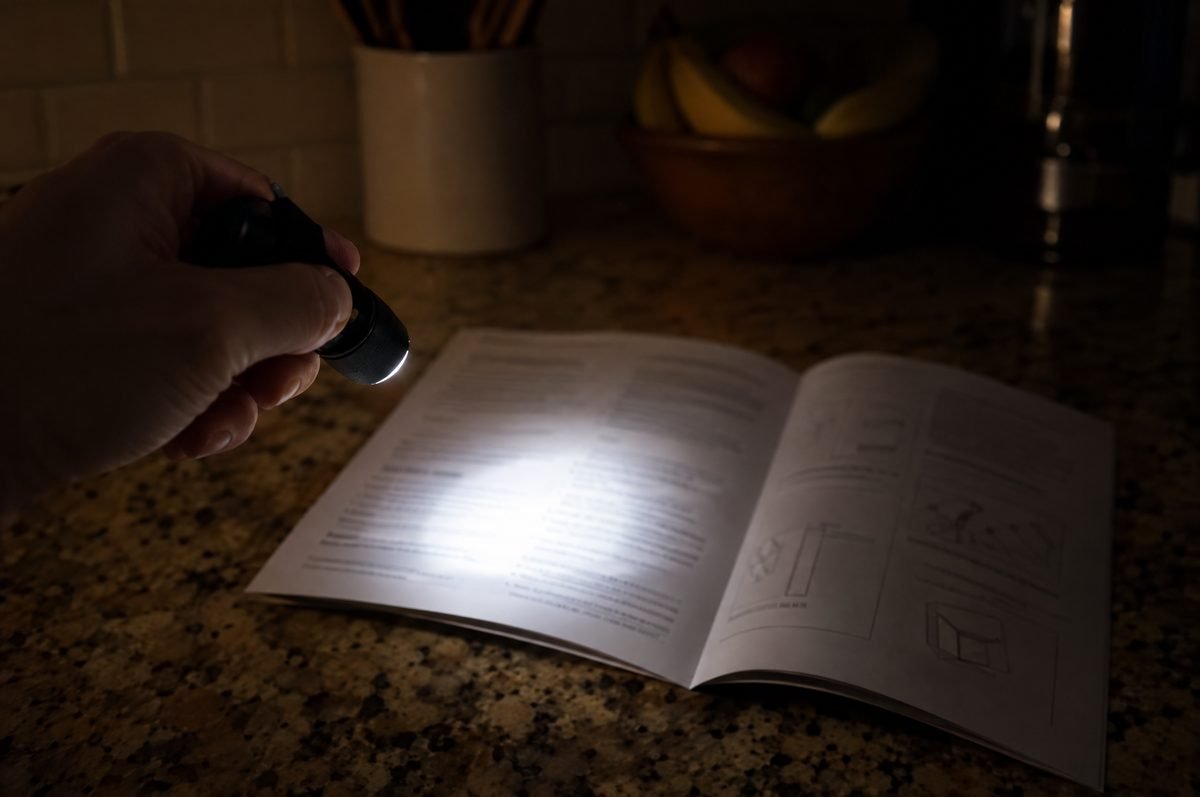 A flashlight lighting a printed manual on a kitchen counter during an outage