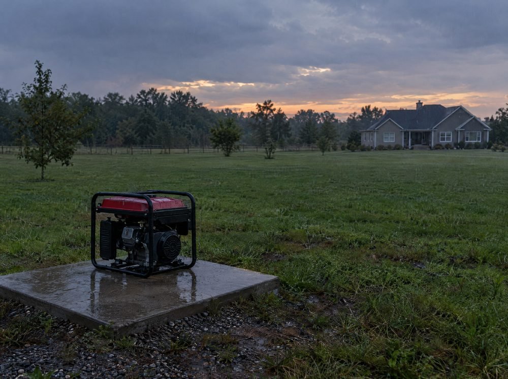 A portable generator placed outdoors, well away from a house, in light rain