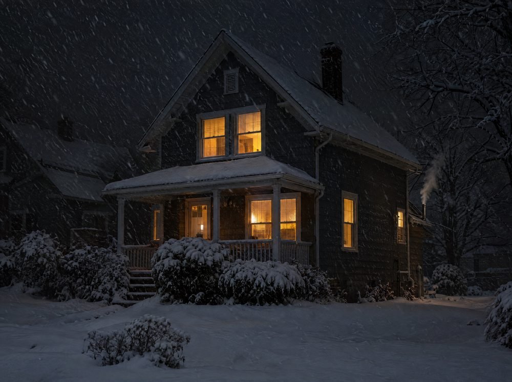 A snow-covered house at night during a winter outage, its windows still lit